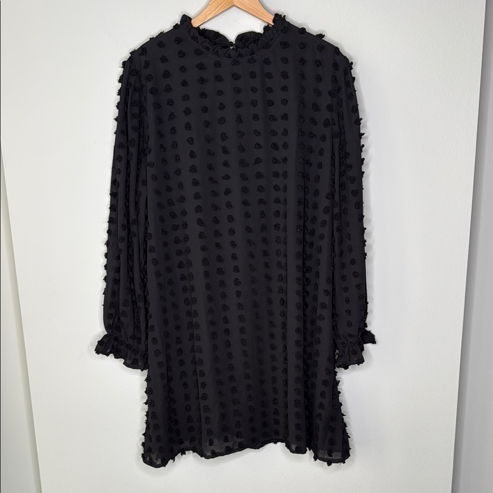 Boohoo Dobby Textured High Neck Shift Mini Dress Long Sleeve in Black Size 16